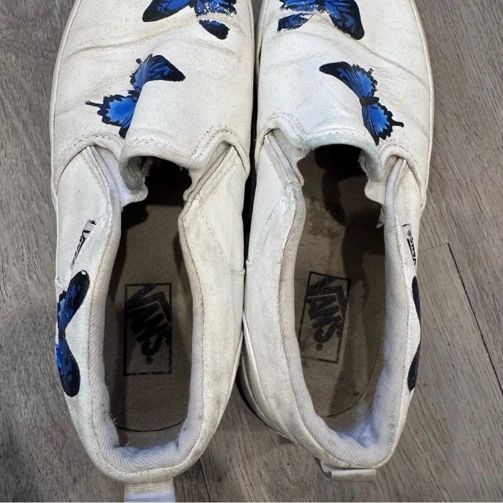Blue Butterfly White Slip On Vans - Custom Painted Vans Shoes Youth Size 5
